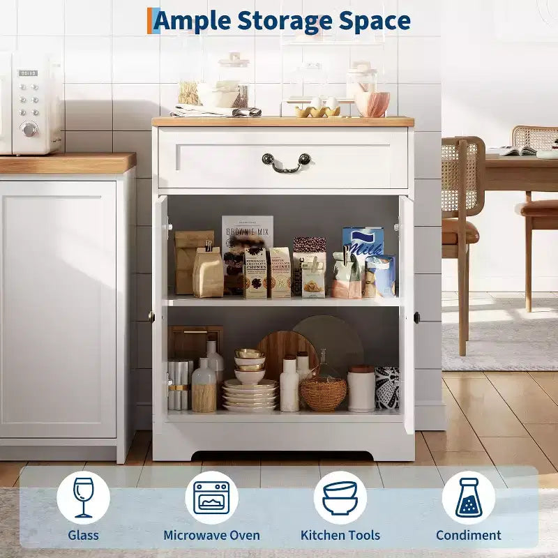 White Wood Storage Cabinet with Drawer and Adjustable Shelves