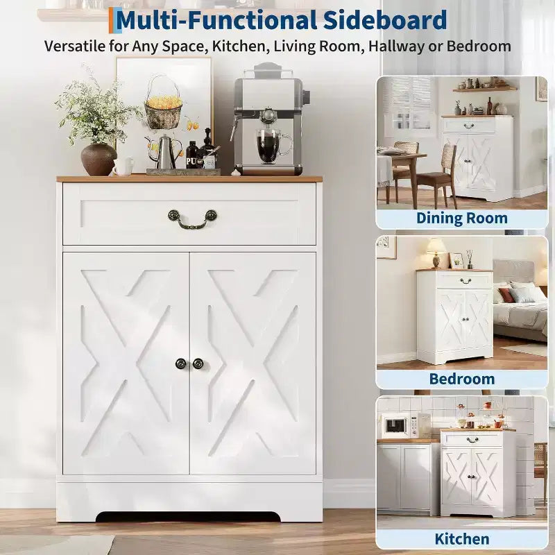 White Wood Storage Cabinet with Drawer and Adjustable Shelves