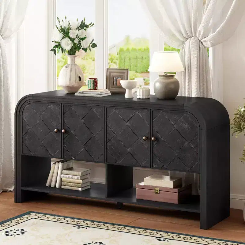 Console Table with Storage Cabinet and Woven Wood Slat Doors