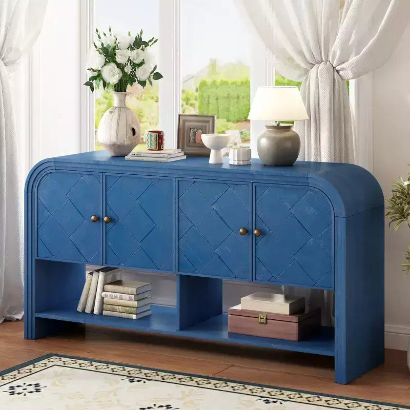Console Table with Storage Cabinet and Woven Wood Slat Doors