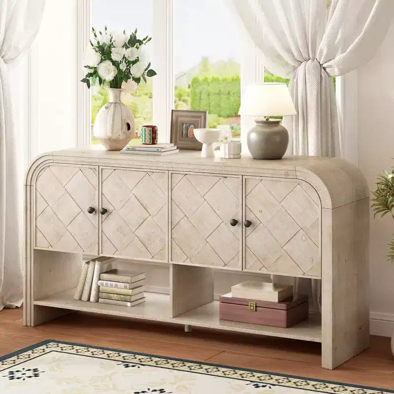 Console Table with Storage Cabinet and Woven Wood Slat Doors