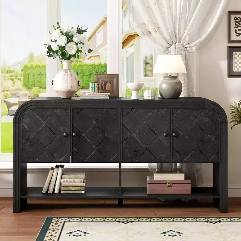 Console Table with Storage Cabinet and Woven Wood Slat Doors