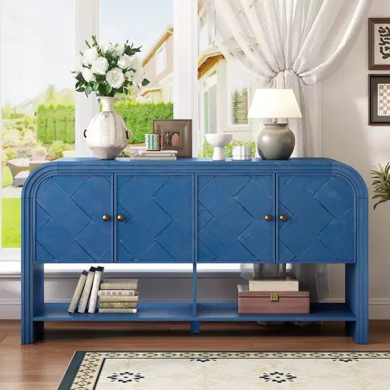 Console Table with Storage Cabinet and Woven Wood Slat Doors