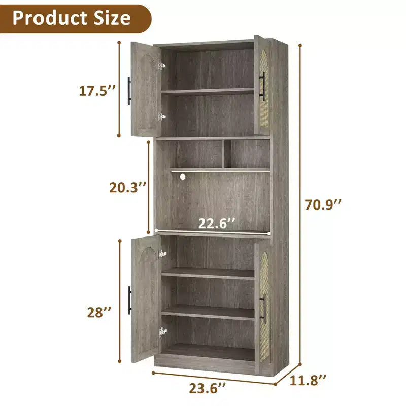 Freestanding Storage Cabinet with Rattan Doors and Open Shelves