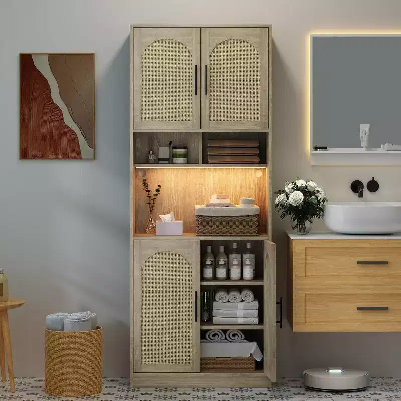 Freestanding Storage Cabinet with Rattan Doors and Open Shelves