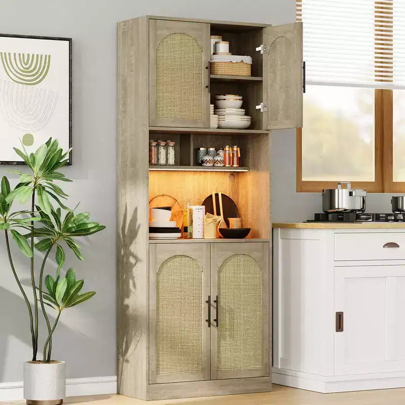 Freestanding Storage Cabinet with Rattan Doors and Open Shelves