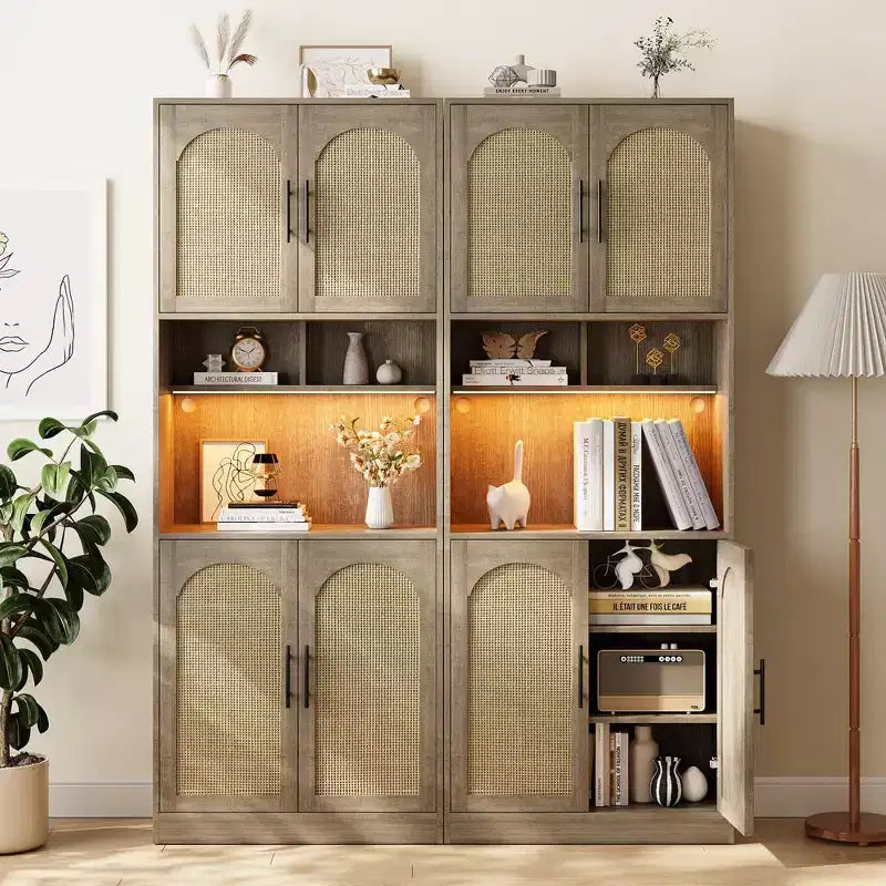 Freestanding Storage Cabinet with Rattan Doors and Open Shelves