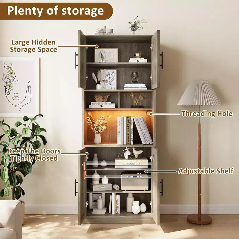 Freestanding Storage Cabinet with Rattan Doors and Open Shelves