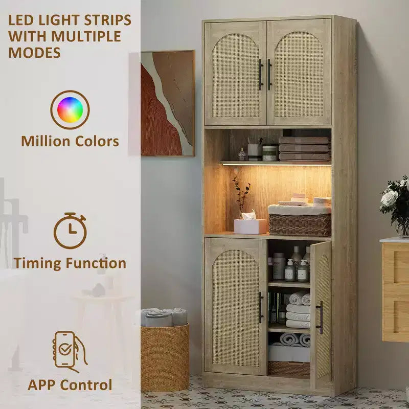 Freestanding Storage Cabinet with Rattan Doors and Open Shelves