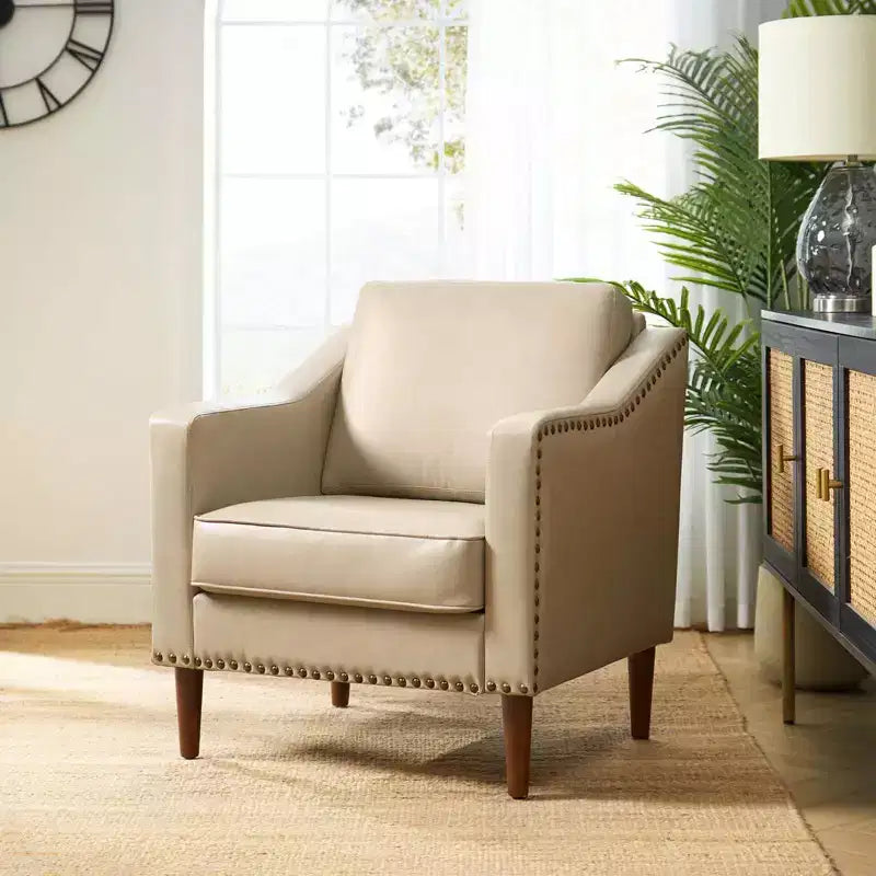 Vegan Leather Armchair with Solid Wood Legs