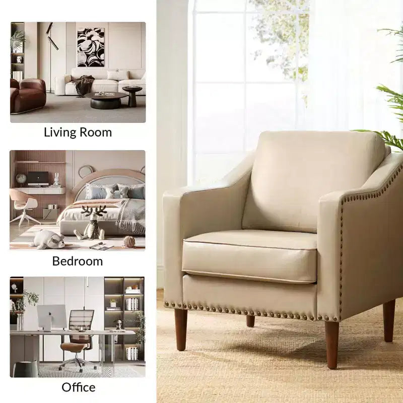 Vegan Leather Armchair with Solid Wood Legs