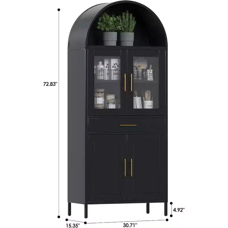 Tall Metal Arched Cabinet with Glass Doors, Drawer and Adjustable Shelves