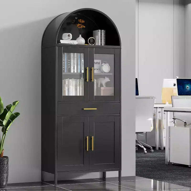Tall Metal Arched Cabinet with Glass Doors, Drawer and Adjustable Shelves