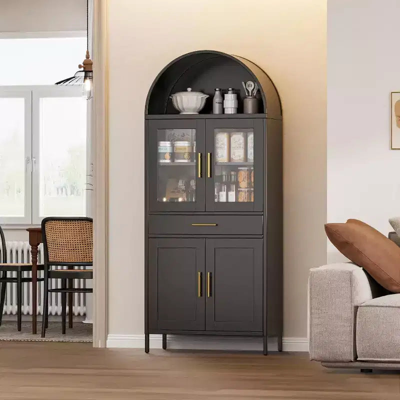 Tall Metal Arched Cabinet with Glass Doors, Drawer and Adjustable Shelves
