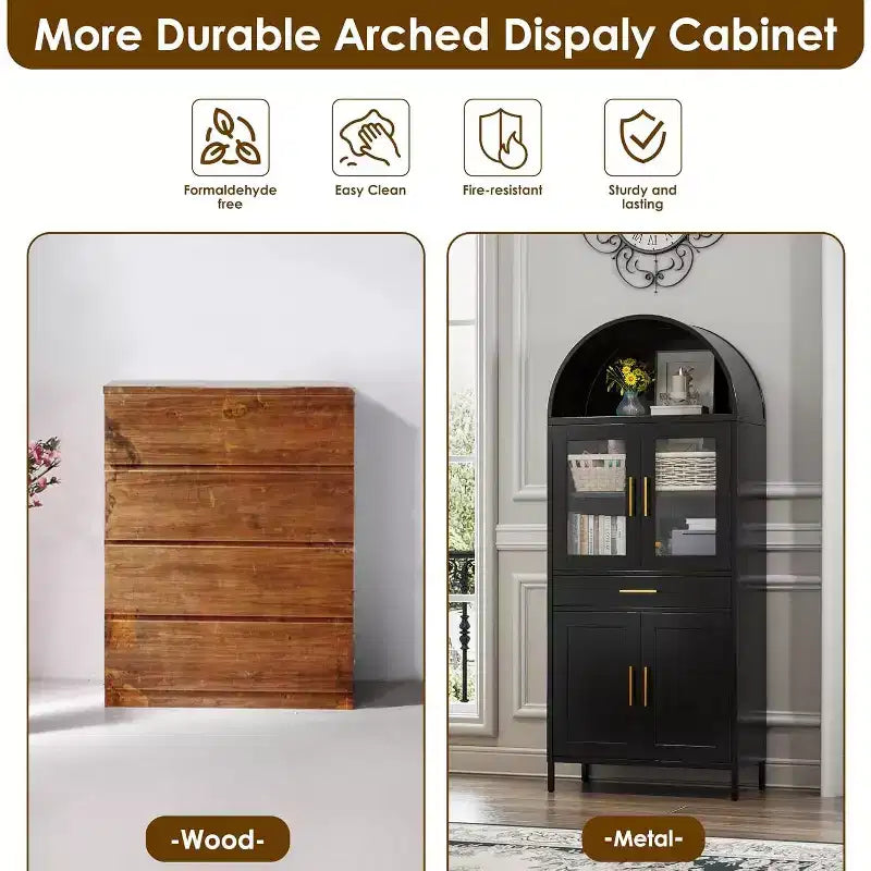 Tall Metal Arched Cabinet with Glass Doors, Drawer and Adjustable Shelves