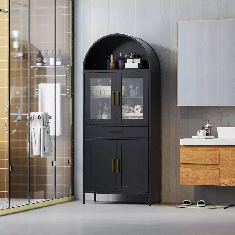Tall Metal Arched Cabinet with Glass Doors, Drawer and Adjustable Shelves