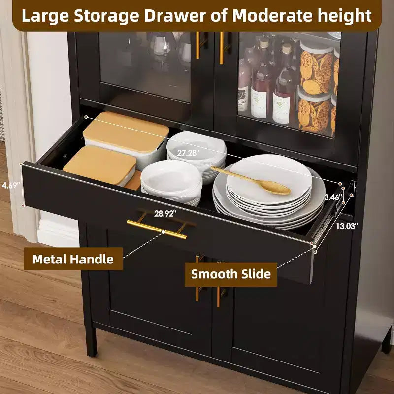 Tall Metal Arched Cabinet with Glass Doors, Drawer and Adjustable Shelves