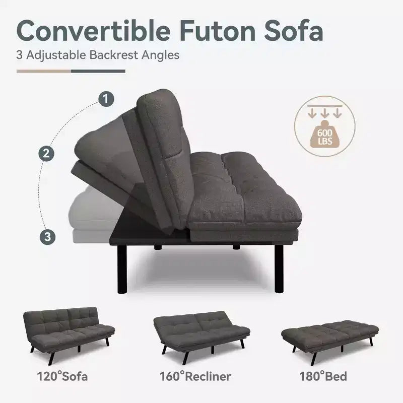 71" Convertible Futon Sofa Bed with Linen Upholstery, Adjustable Back and Armrests