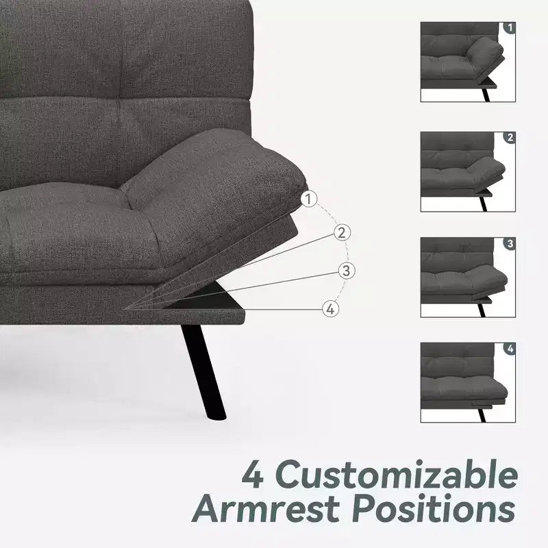 71" Convertible Futon Sofa Bed with Linen Upholstery, Adjustable Back and Armrests