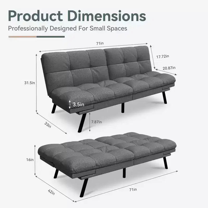 71" Convertible Futon Sofa Bed with Linen Upholstery, Adjustable Back and Armrests