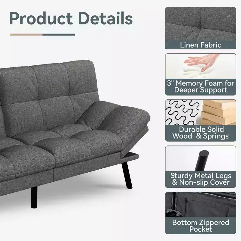 71" Convertible Futon Sofa Bed with Linen Upholstery, Adjustable Back and Armrests