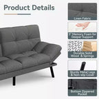 Divano letto futon convertibile da 180 cm con rivestimento in lino, schienale e braccioli regolabili
