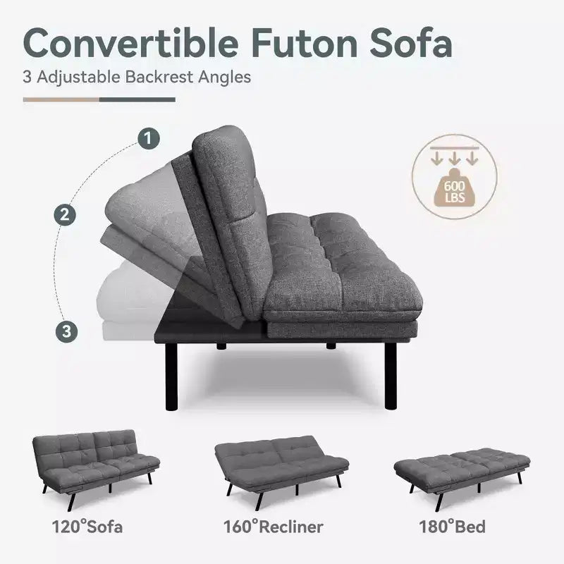 71" Convertible Futon Sofa Bed with Linen Upholstery, Adjustable Back and Armrests