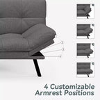 Divano letto futon convertibile da 180 cm con rivestimento in lino, schienale e braccioli regolabili