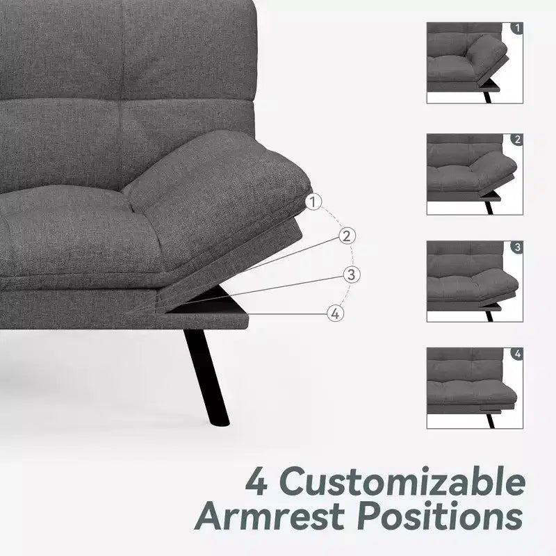 71" Convertible Futon Sofa Bed with Linen Upholstery, Adjustable Back and Armrests