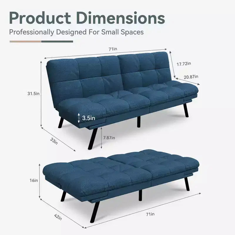 71" Convertible Futon Sofa Bed with Linen Upholstery, Adjustable Back and Armrests