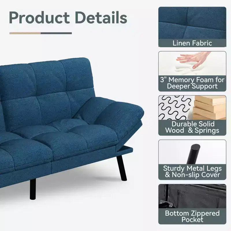 71" Convertible Futon Sofa Bed with Linen Upholstery, Adjustable Back and Armrests