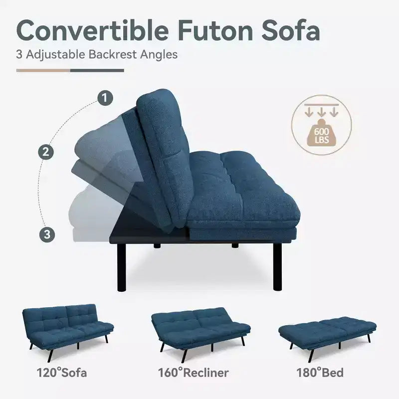 71" Convertible Futon Sofa Bed with Linen Upholstery, Adjustable Back and Armrests