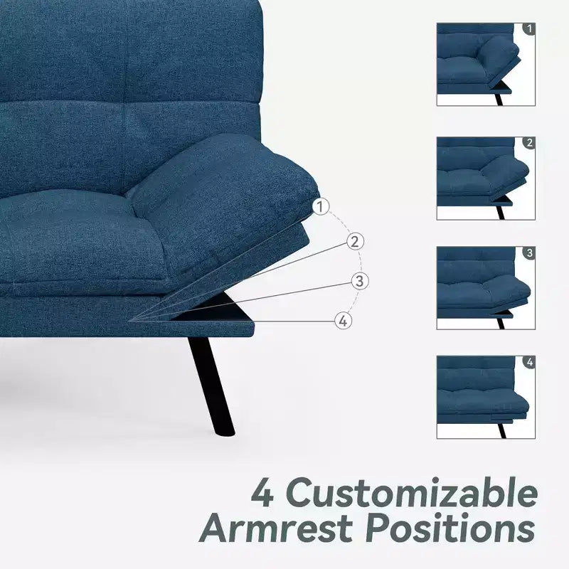 71" Convertible Futon Sofa Bed with Linen Upholstery, Adjustable Back and Armrests