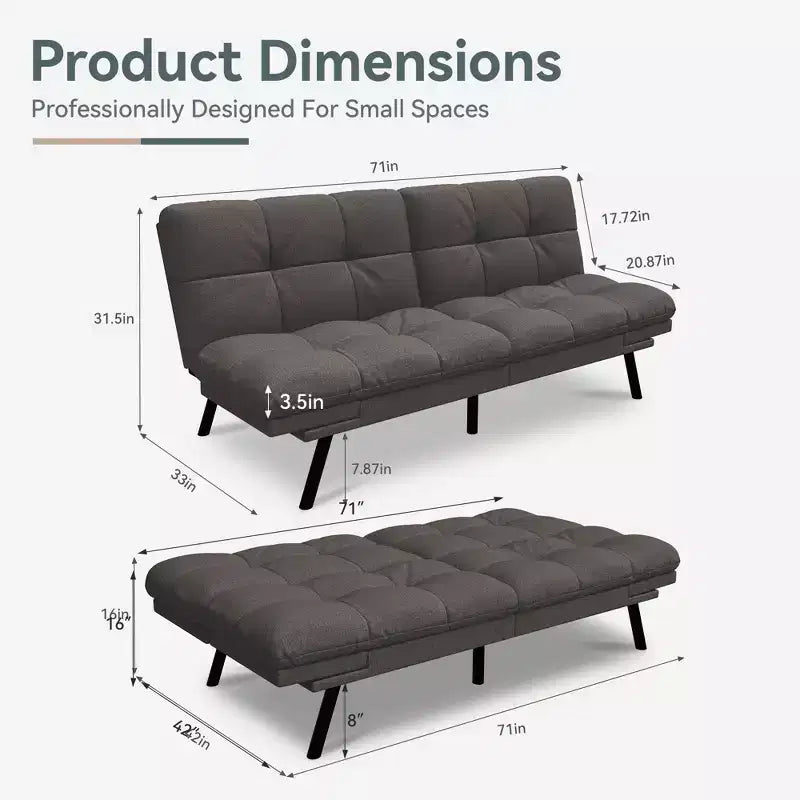71" Convertible Futon Sofa Bed with Linen Upholstery, Adjustable Back and Armrests
