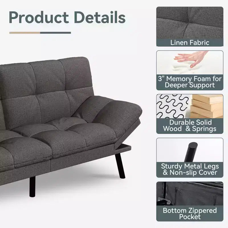 71" Convertible Futon Sofa Bed with Linen Upholstery, Adjustable Back and Armrests