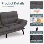 Divano letto futon convertibile da 180 cm con rivestimento in lino, schienale e braccioli regolabili