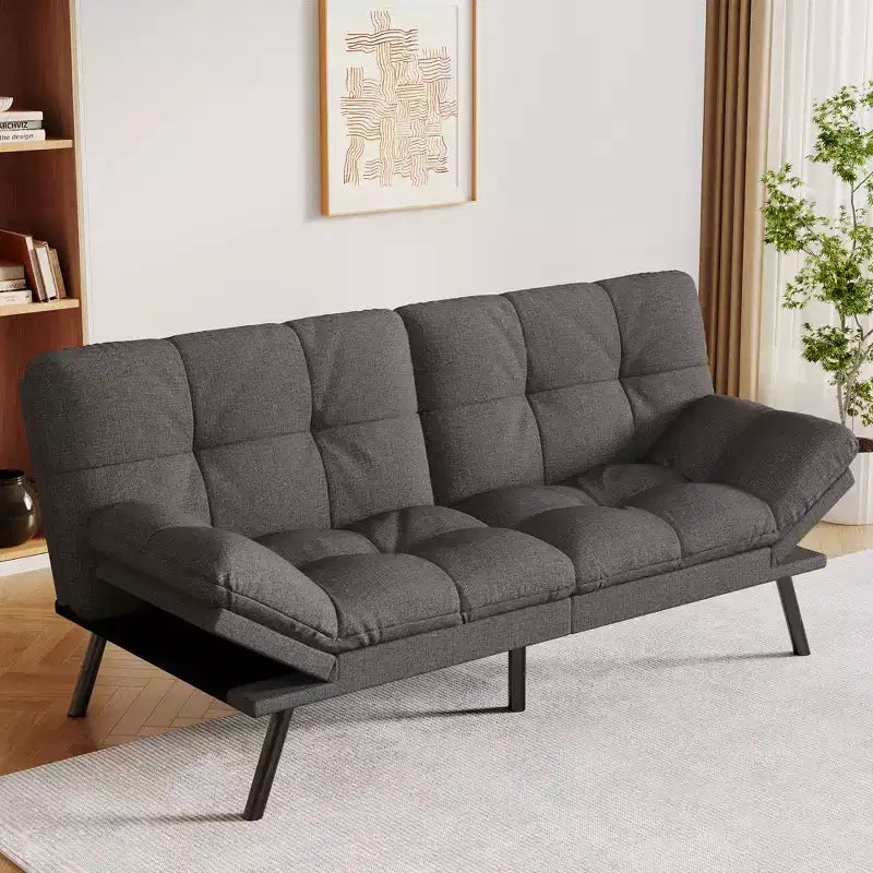 71" Convertible Futon Sofa Bed with Linen Upholstery, Adjustable Back and Armrests