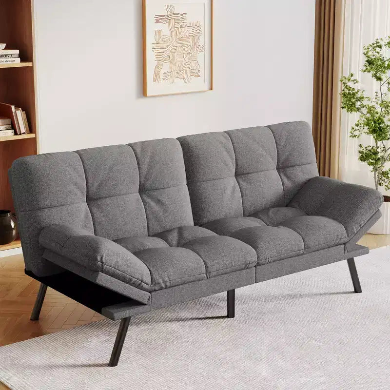71" Convertible Futon Sofa Bed with Linen Upholstery, Adjustable Back and Armrests