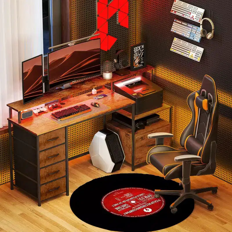 67" Computer Desk with Power Outlets, LED Lights, File Cabinet and Fabric Drawers