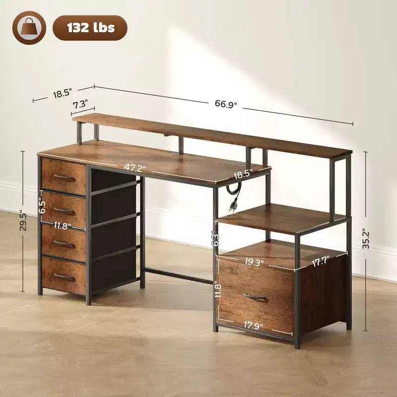 67" Computer Desk with Power Outlets, LED Lights, File Cabinet and Fabric Drawers
