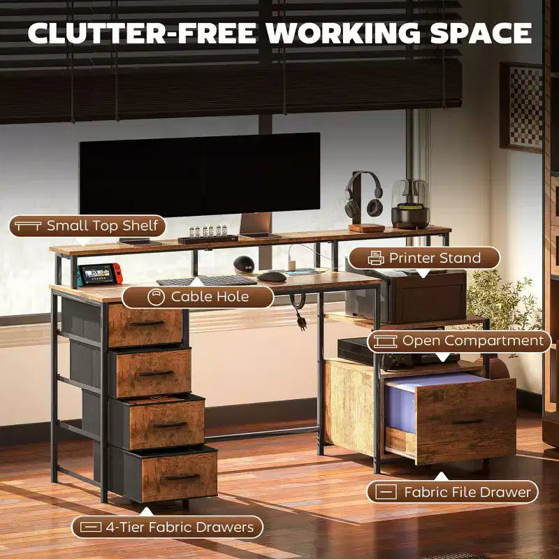 67" Computer Desk with Power Outlets, LED Lights, File Cabinet and Fabric Drawers