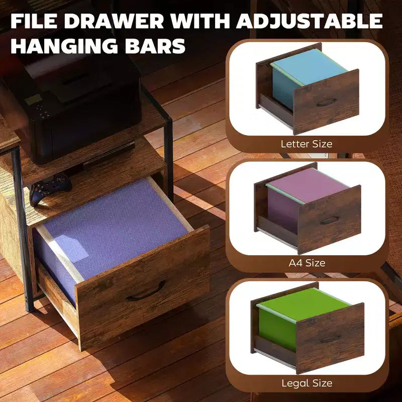 67" Computer Desk with Power Outlets, LED Lights, File Cabinet and Fabric Drawers
