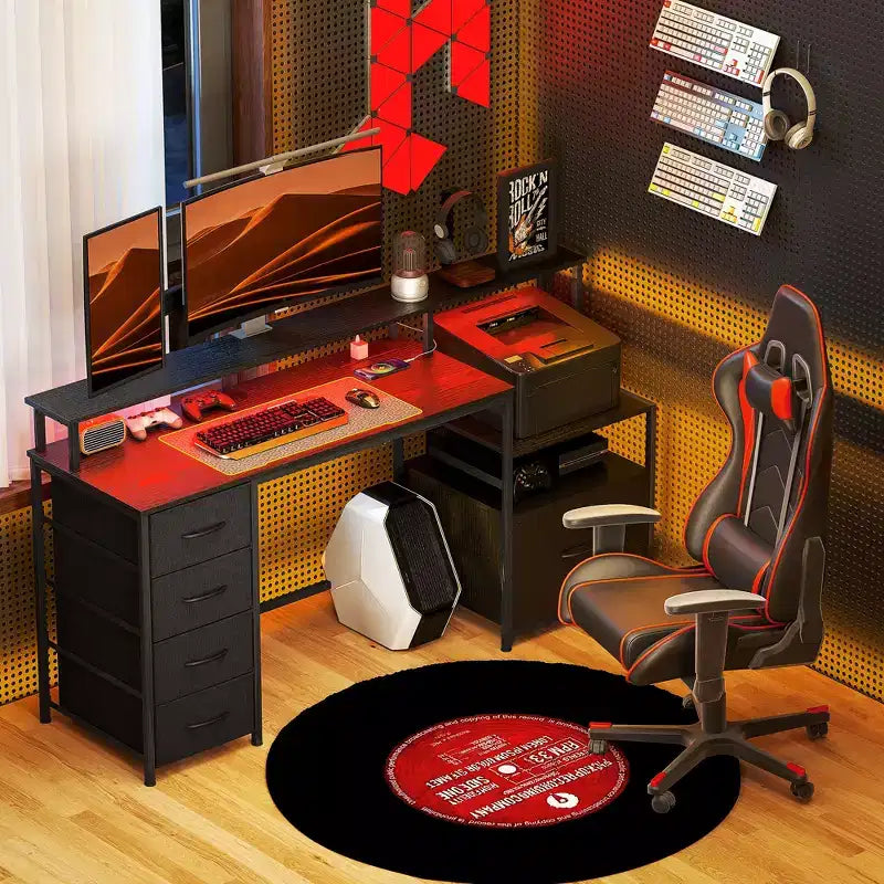 67" Computer Desk with Power Outlets, LED Lights, File Cabinet and Fabric Drawers