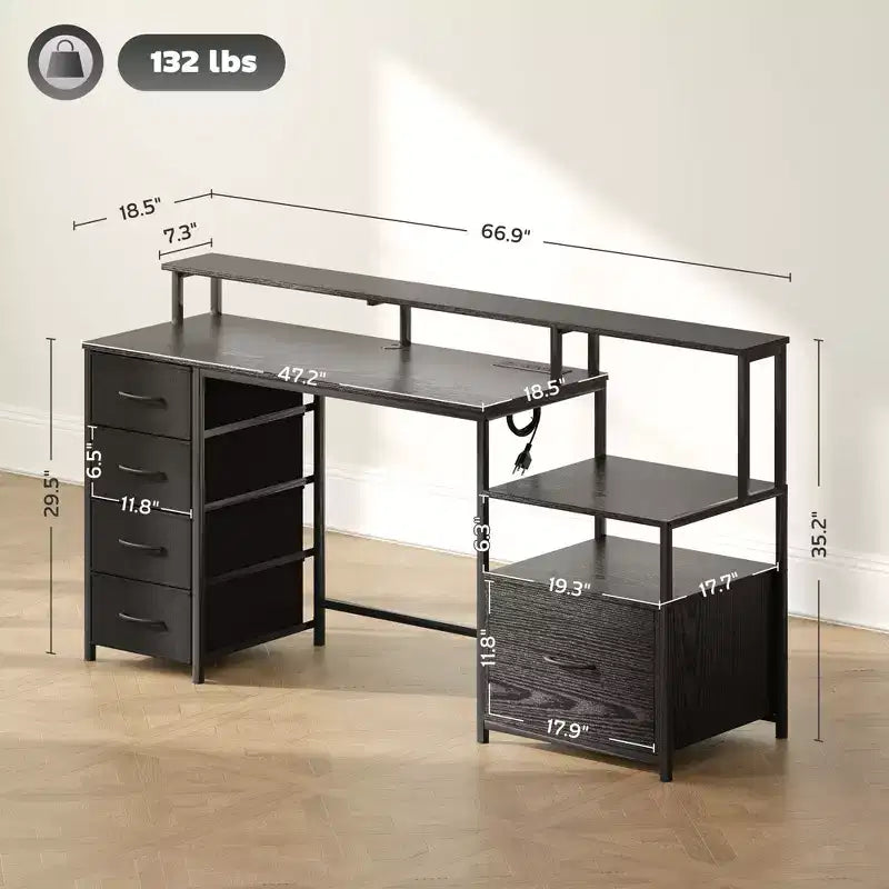 67" Computer Desk with Power Outlets, LED Lights, File Cabinet and Fabric Drawers