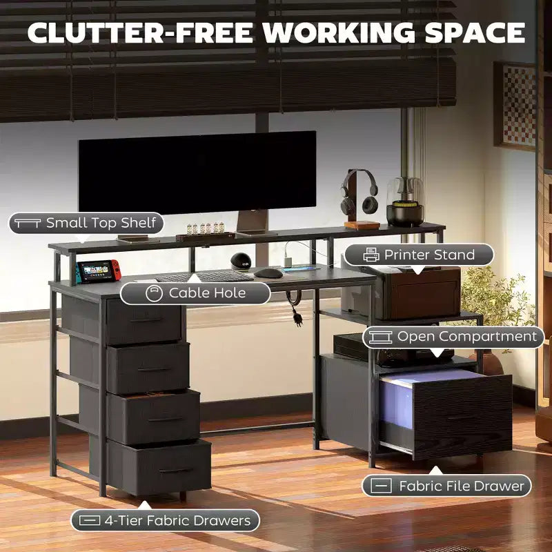 67" Computer Desk with Power Outlets, LED Lights, File Cabinet and Fabric Drawers