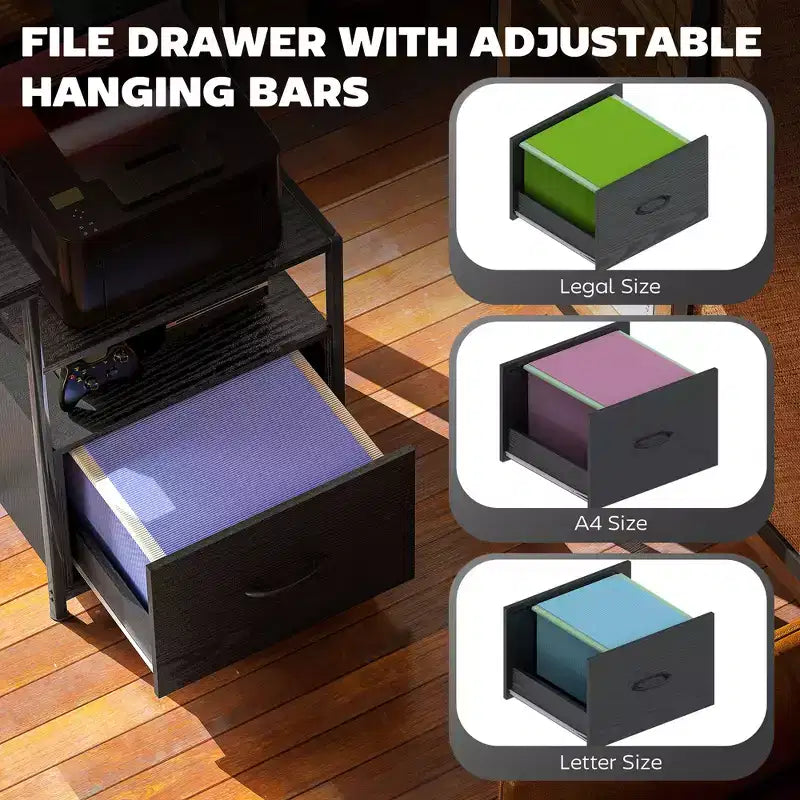 67" Computer Desk with Power Outlets, LED Lights, File Cabinet and Fabric Drawers