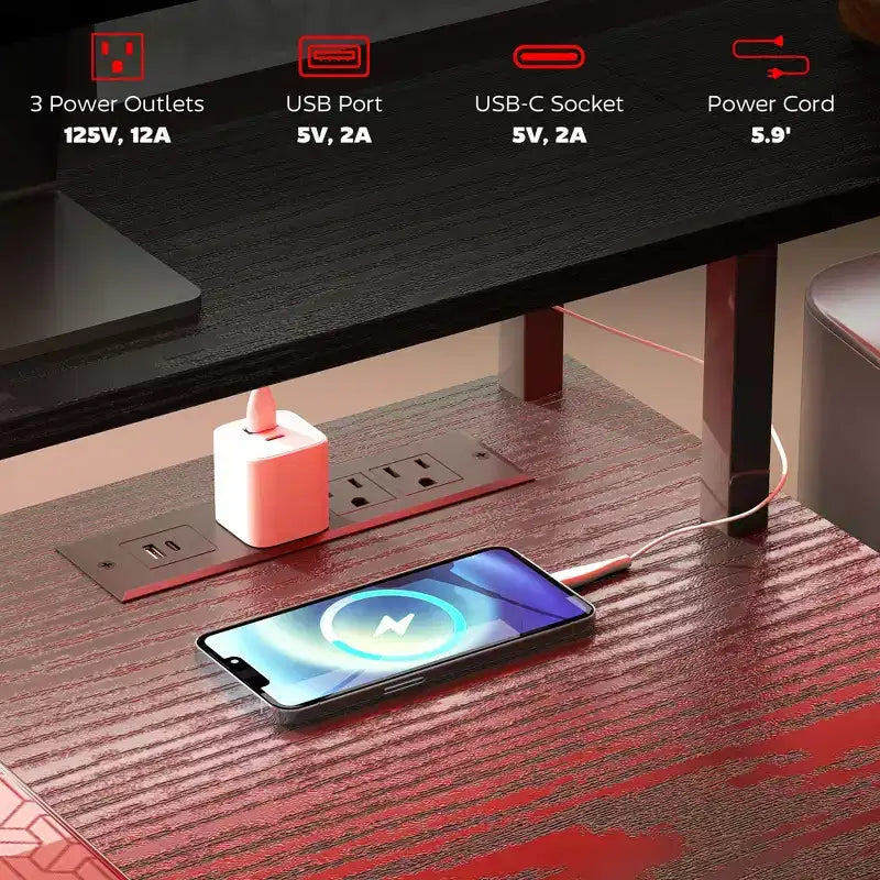 67" Computer Desk with Power Outlets, LED Lights, File Cabinet and Fabric Drawers