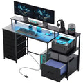 Computer Desk with Power Outlets and LED Lights, 67 Computer Table with File Cabinet and Fabric Drawers