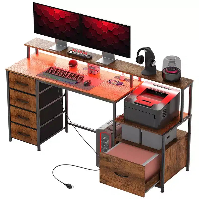 67" Computer Desk with Power Outlets, LED Lights, File Cabinet and Fabric Drawers