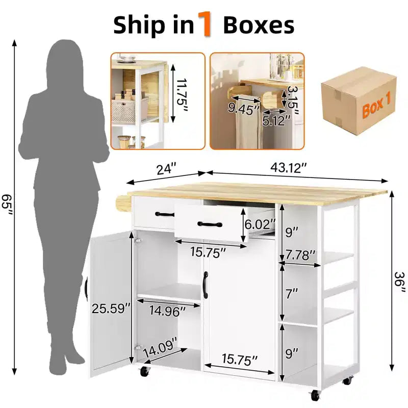Rolling Kitchen Island Cart with Drop-Leaf Table and Storage